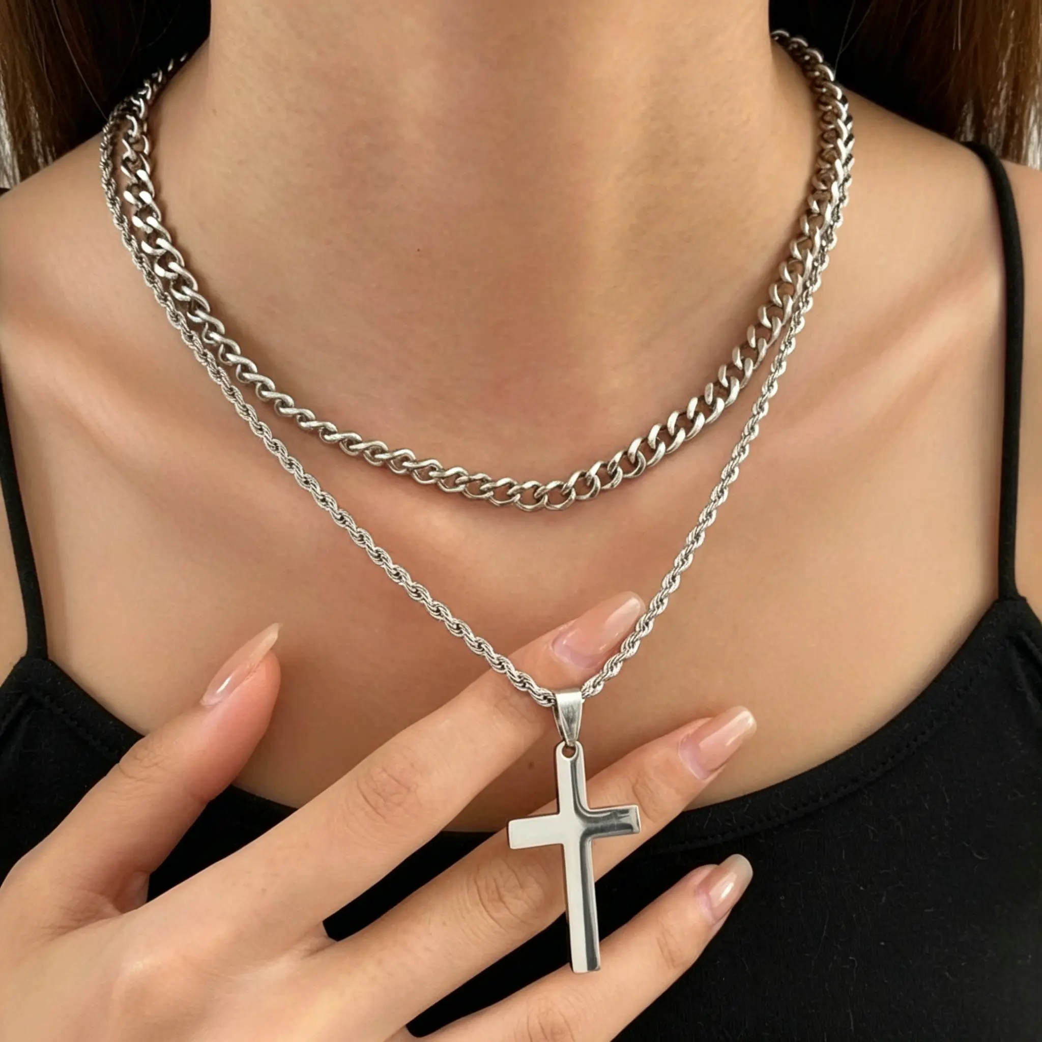 Layered Stainless Steel Cross Necklace for Men Women, Double-Layer Cross Pendant with Cuban Link & Rope Chain, Vintage Hip Hop Punk Cold Style Trendy Multi-Layer Jewelry, 17-19 Inch chunky elegant charm