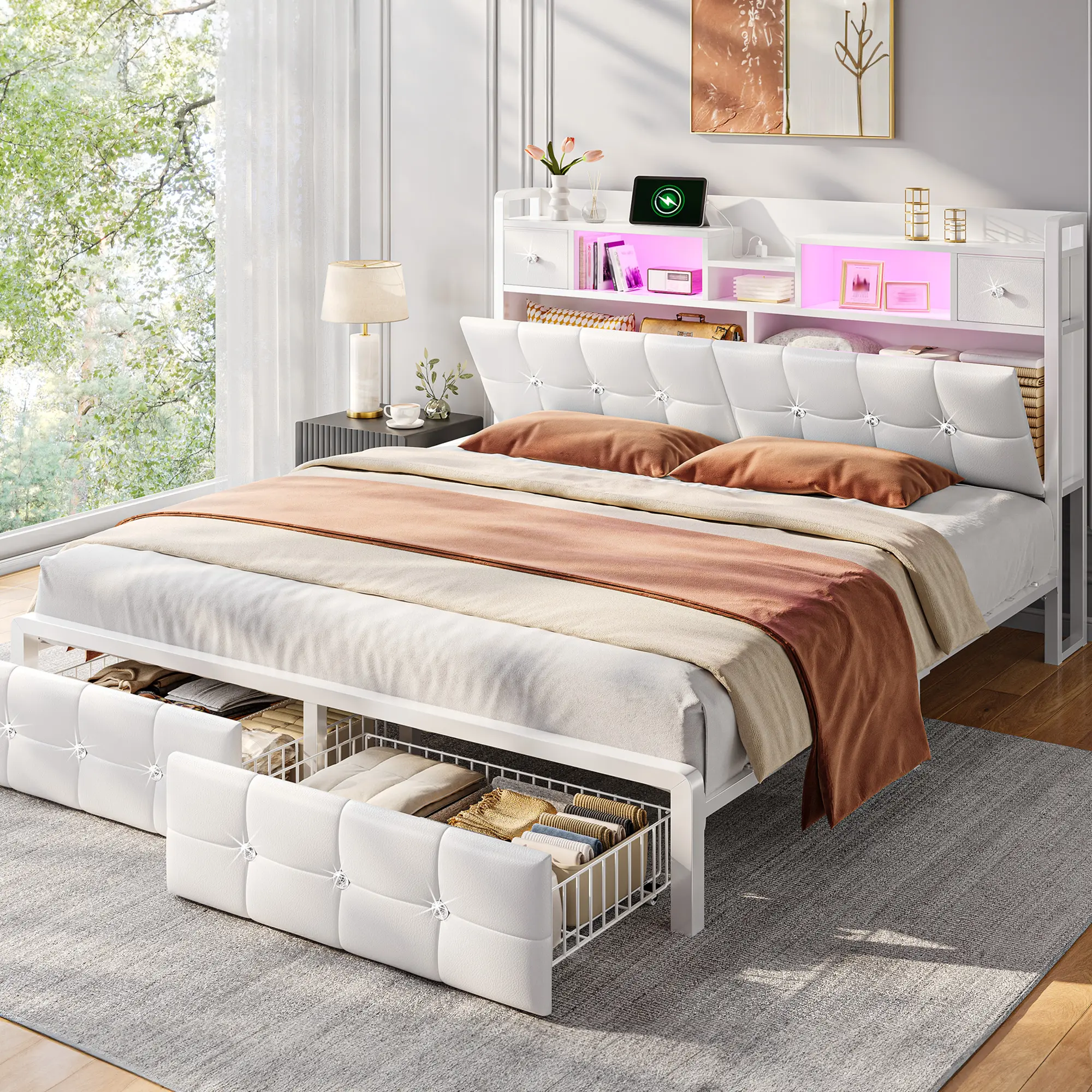 Raybee Luxury Bed Frame with Dimond Tufted & Leather Upholstered Heaboard with Bookcase and Hiden Storage Cabinet, 2 Rolling Storage Drawers, Modern Platform LED Bed Frame with Charging Station, Metal Slats & Frame Holds 1100LBS, No Noise, Full/Queen/King