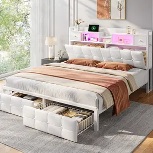 Raybee Luxury Bed Frame with Dimond Tufted & Leather Upholstered Heaboard with Bookcase and Hiden Storage Cabinet, 2 Rolling Storage Drawers, Modern Platform LED Bed Frame with Charging Station, Metal Slats & Frame Holds 1100LBS, No Noise, Full/Queen/King