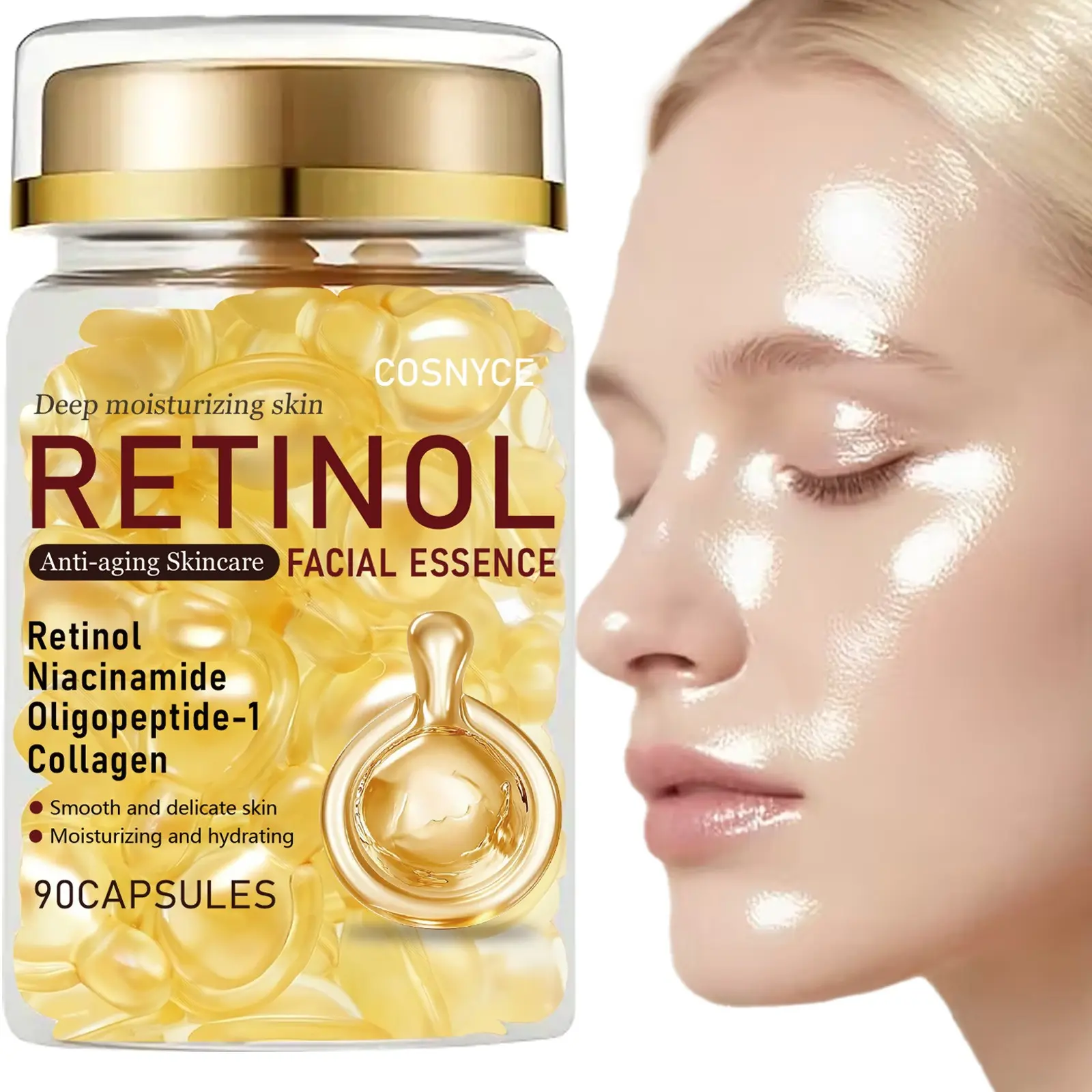 Cosnyce Retinol Facial Essence Capsules with Hyaluronic Acid, 90 Capsules, Anti-Wrinkle and Moisturizing Face Essence
