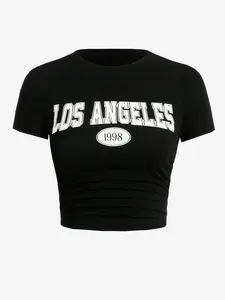 Women's Summer Graphic T-Shirt, Y2K Style, Los Angeles Letter Print, Slim-Fit Casual Wear, Perfect for Outdoor Activities