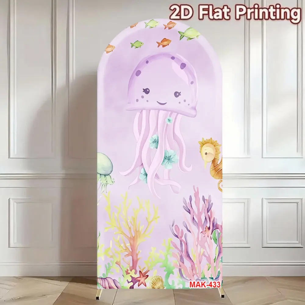 Underwater World Cartoon Jellyfish Arch Backdrop Cover with Seaweed for Baby Shower Kids Birthday Party Decorations Background