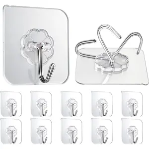 10 Pack Heavy Duty Self Adhesive Wall Hooks Max Hold 33lb Transparent Waterproof Oilproof No Drilling Strong Hooks for Bathroom Kitchen Holding Towels Robes Coats Utensils