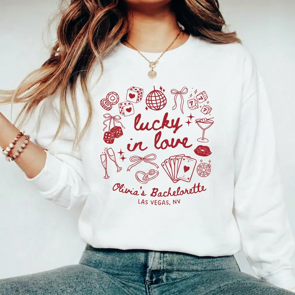 Women's Cotton Lucky In Love Vegas Bachelorette Party Sweatshirt - Bride To Be Bridal Crewneck, Retro Coquette Bow Graphic, Casual Long Sleeve Pullover Top