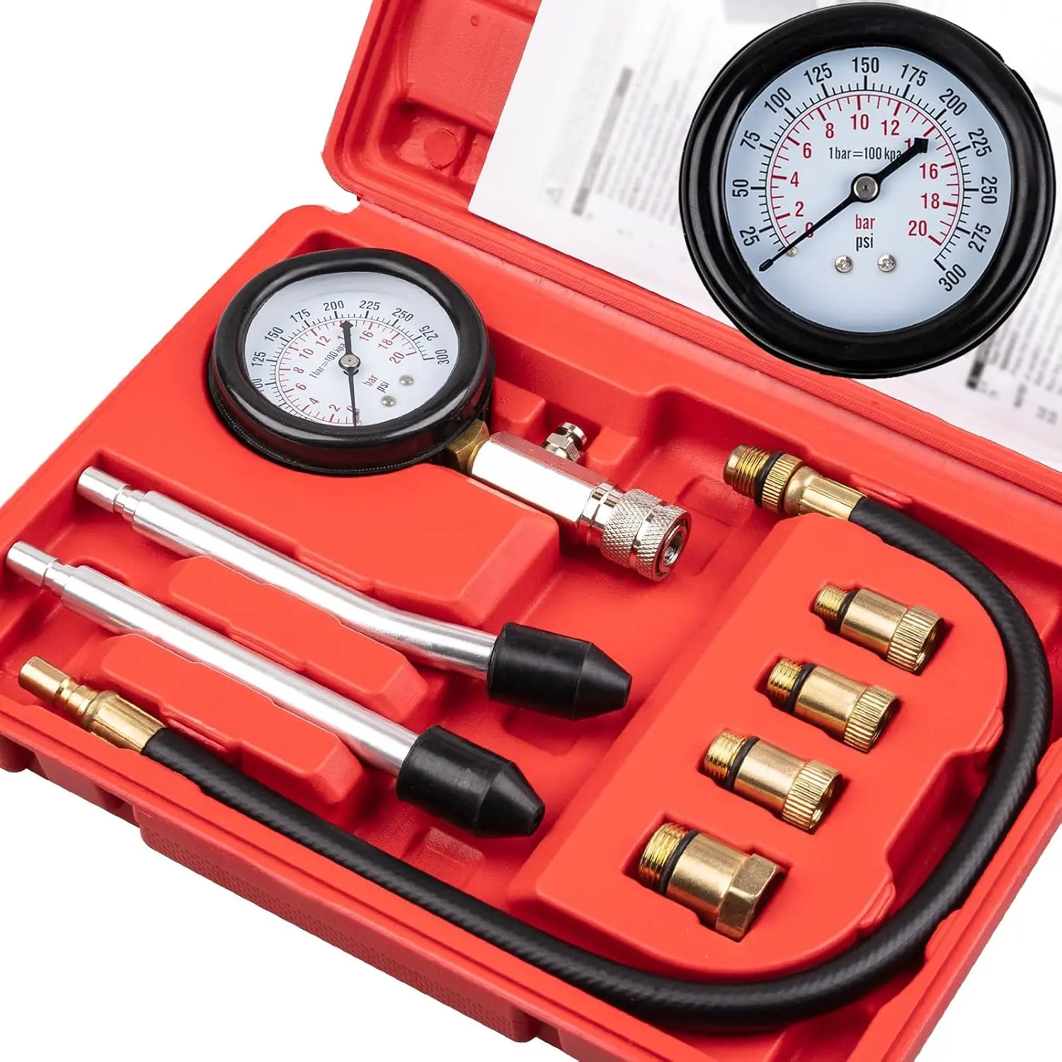 8-Piece Professional Petrol Engine Compression Tester Kit, Red Case, 14mm & 18mm Adapters, Dual-Scale Gauge (0-300 PSI/0-20 Bar), Reinforced Rubber Hose, Universal for Cars & Motorcycles