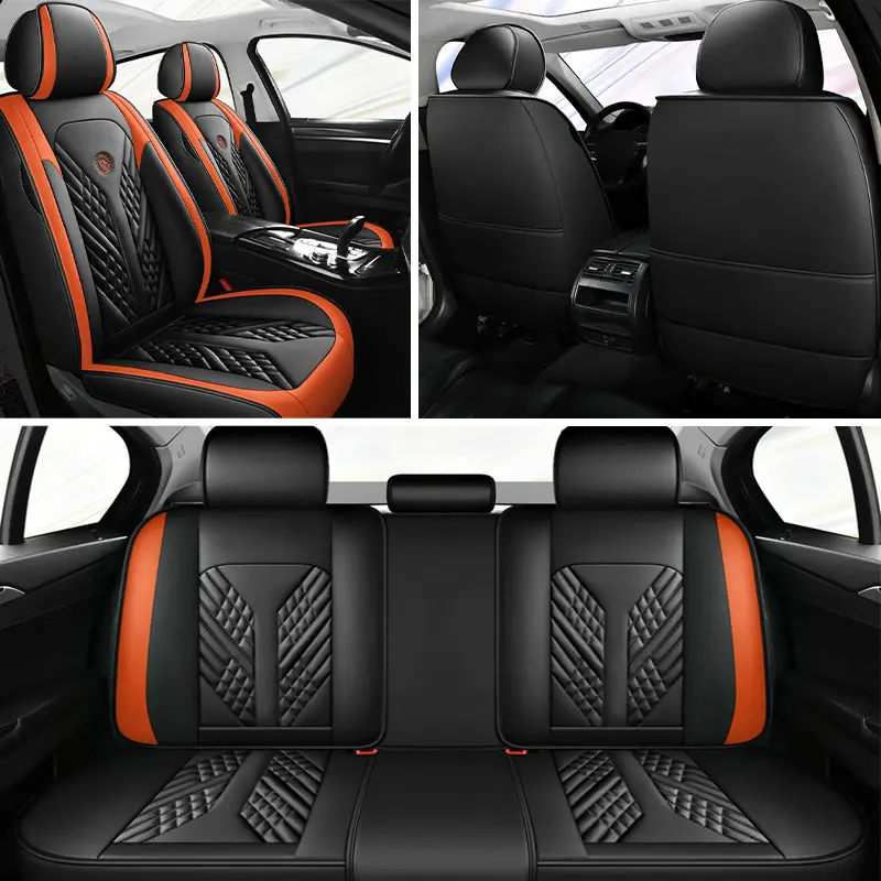 Black-Orange Waterproof Leather Car Seat Cushions - Quilted Design with Orange Accents, Automotive Upholstery Accessory, Protects Seats for Driving, Interior Styling Enhancement