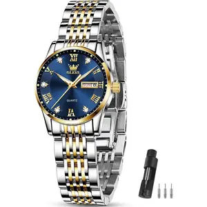 OLEVS Women Watches Date and Day,Ladies Watches with Silver Gold Stainless Steel,Elegent Female for Small Wrist Watch(White/Black/Blue/Gold Face)