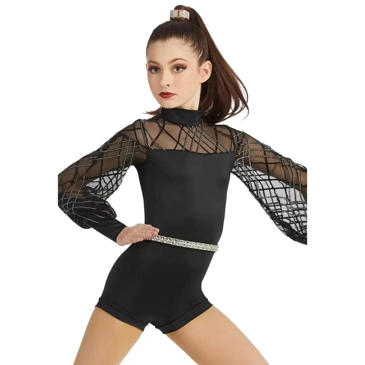 Pre-Owned Costume Weissman  10874 Large Child Black  Puffy Sleeves Jazz  Glitter