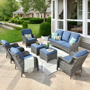 7-Piece Wicker Patio Furniture Set, All-Weather Rattan Conversation Bistro 3 Seat Sofa Chair and Table Set for Backyard, Balcony and Deck with Soft Cushions and Metal Table Outdoor Dining Set