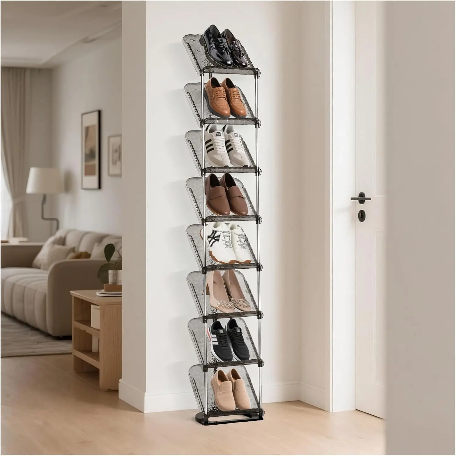 Vertical Shoe Rack 8 Tiers Narrow Clear Sneaker Storage Holder Luxurious Heels Upwards Organizer Tower Space Saving Free Standing Shelf for Entryway Closet Garage (Transparent Black)