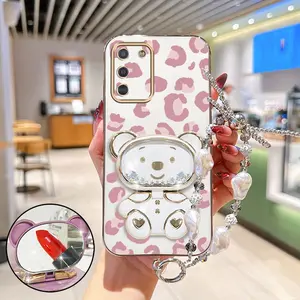 S10 Lite Fashion Series Jewelry Strap Lanyard Phone Holder Case For Compatible With Samsung Galaxy S10 Lite Plating Cover and Elegant Pink Luxury Leopard Print Bear Protector Cases