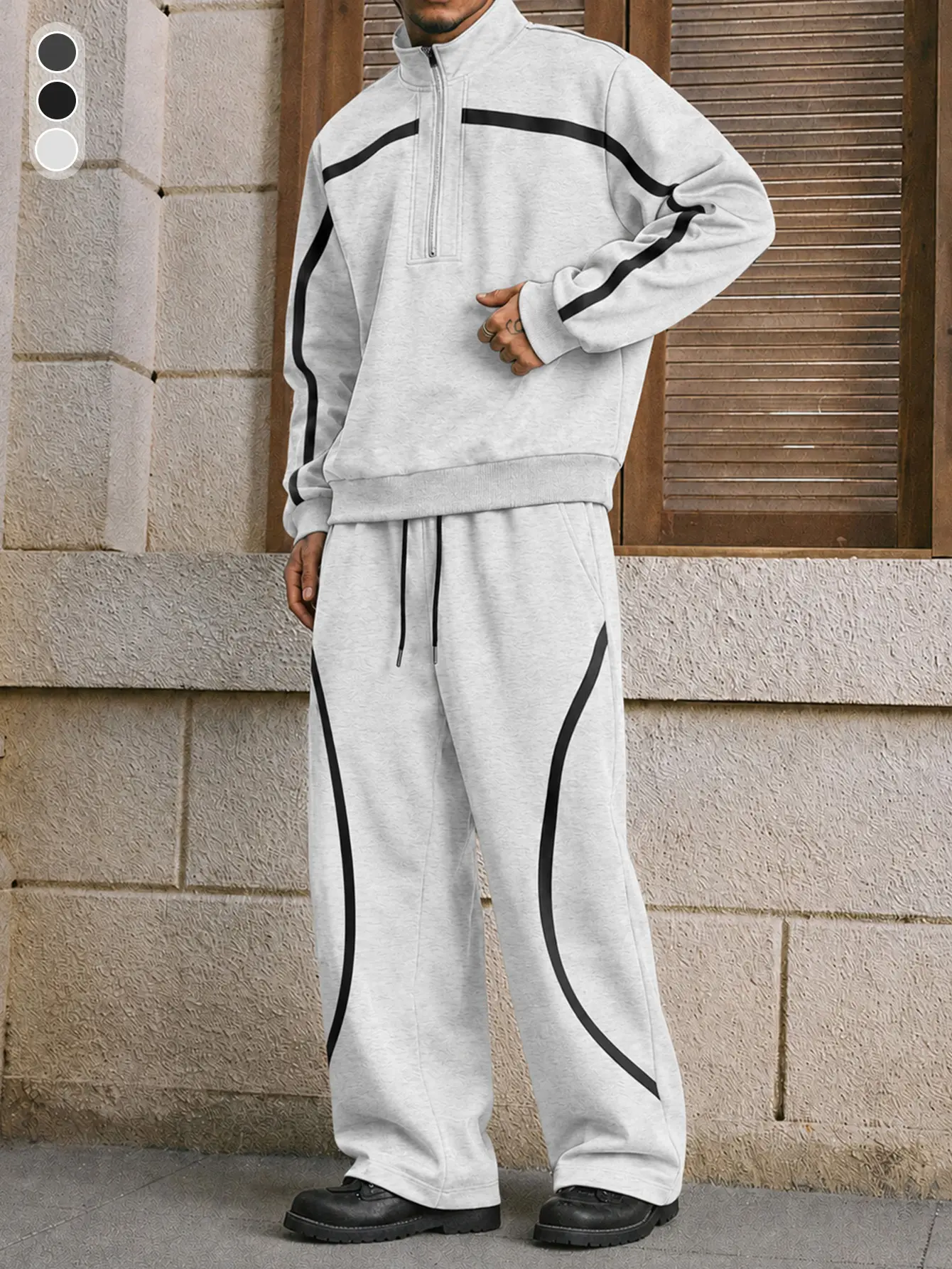 Men’s gray-beige athletic set: half-zip sweatshirt + jogger pants two-piece set, suitable for everyday casual wear, sports, fashionable and versatile activewear—a perfect choice for spring and summer outfits.