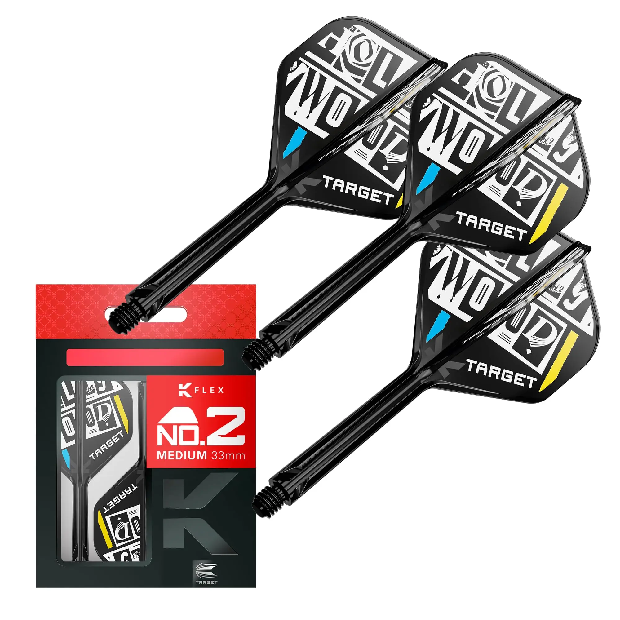 Target Darts Chris Dobey K Flex Flights & Shaft System No.2 | Pack of 3 K-Flex All-in-One Flights, Player Edition Dart Accessories, Short 19mm, Intermediate 26mm, Medium 33mm