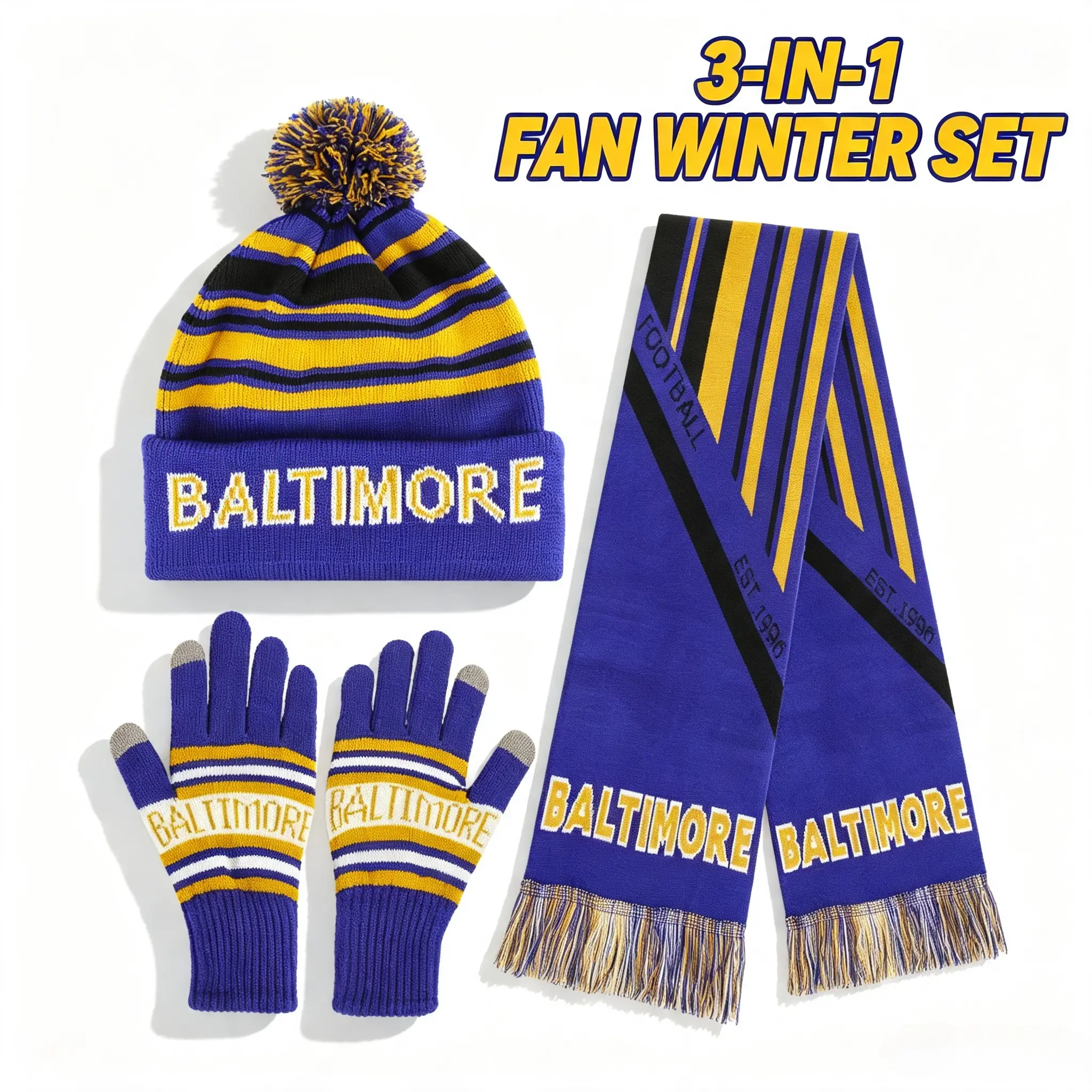 Baltimore Football Fan 3-in-1 Winter Warm Knit Set, Pom-Pom Beanie, Scarf, Touchscreen Gloves for Game Day Cheerleading Sports Gear