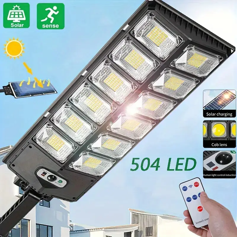 504LED Ultra-Bright Solar Street Light Wide Angle Motion Sensor, Remote Control,Energy-Efficient, Waterproof, And Adjustable - Perfect For Commercial