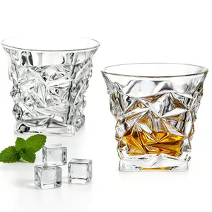 Diamond Whiskey Glasses Set of 2, 10oz Crystal Old Fashioned Rocks Cocktail Glasses Barware for Drinking Scotch Bourbon Rum (Ice cubes style), Gift for Men & Women