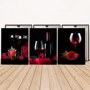 3 Counts Wooden Framed Canvas Painting, Elegant Red Wine And Rose Images, Exquisite Poster, Perfect Living Room Decoration, Modern Art, Fashion Family Poster, Wall Art Decoration, Waterproof Art