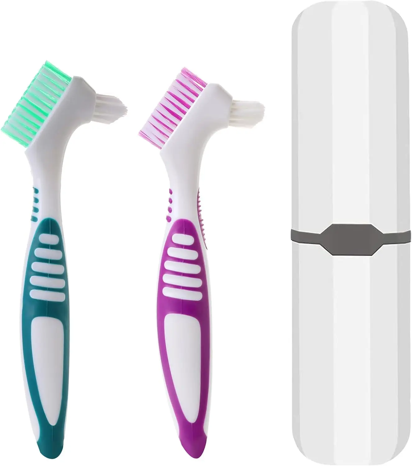 2Pcs Denture Cleaning Brush Kit False Teeth Toothbrushes with 1 White Carrying Case Travel Multi-Layered Soft Bristles Denture Cleaner Ergonomic Rubber Handle(Green and Purple)