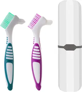2Pcs Denture Cleaning Brush Kit False Teeth Toothbrushes with 1 White Carrying Case Travel Multi-Layered Soft Bristles Denture Cleaner Ergonomic Rubber Handle(Green and Purple)