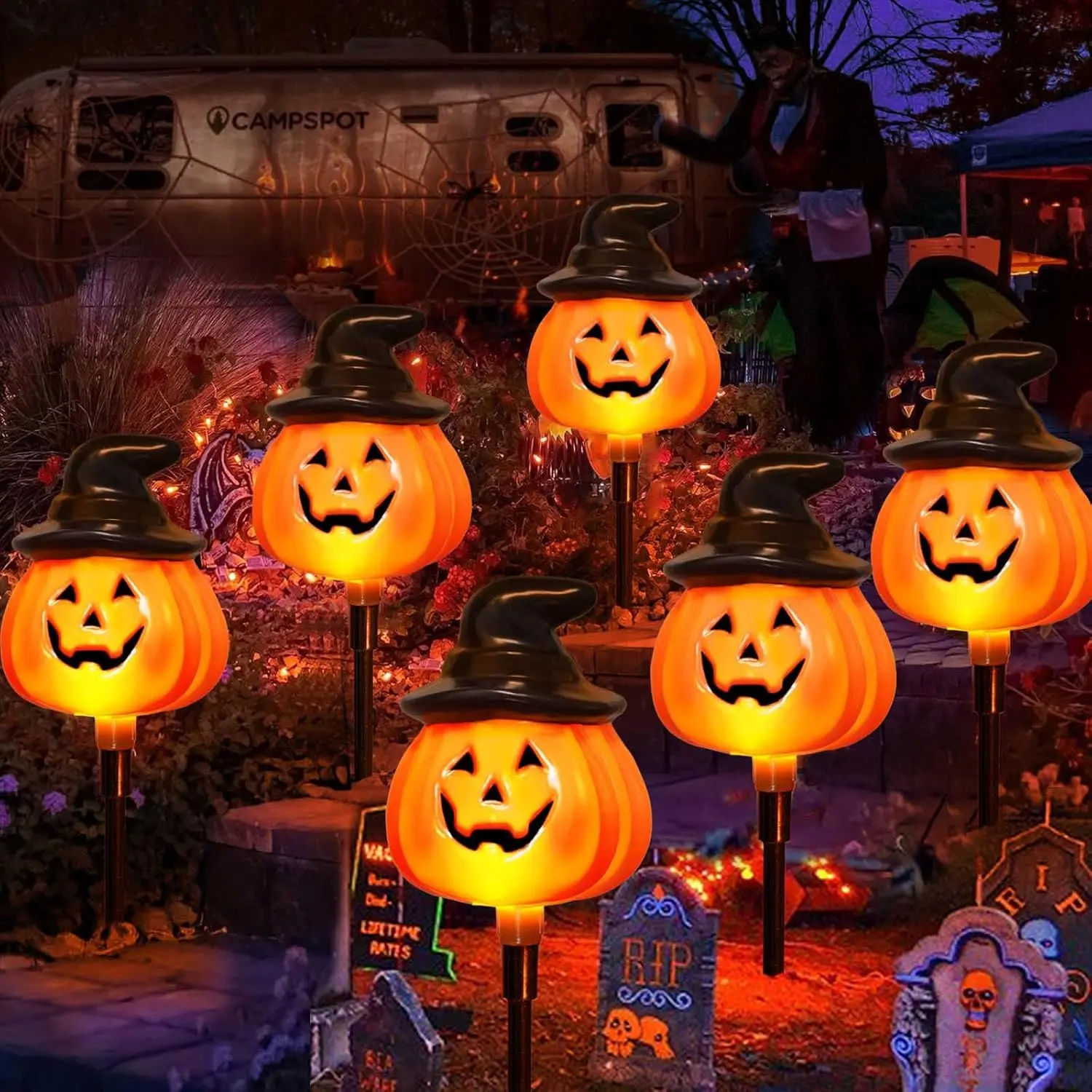 6-Pack Solar Jack-O'-Lantern Stake Lights, Waterproof LED Outdoor Halloween Decor, Lawn-Garden Walkway Pathway Stakes for Party