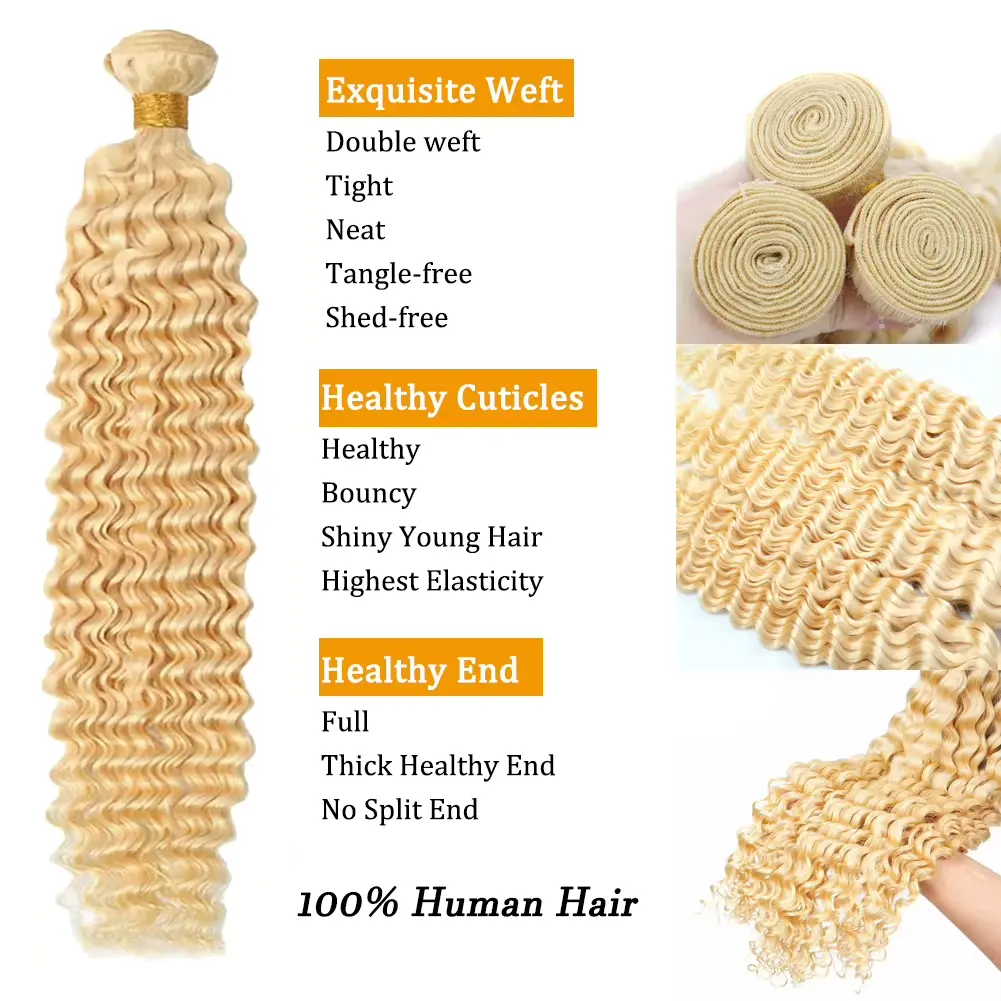 613 Blonde Bundles Deep Wave Bundles Human Hair 12A Brazilian Remy 100% Human Hair Extensions Double Weft 1/3/4 Bundles Deals Linhua