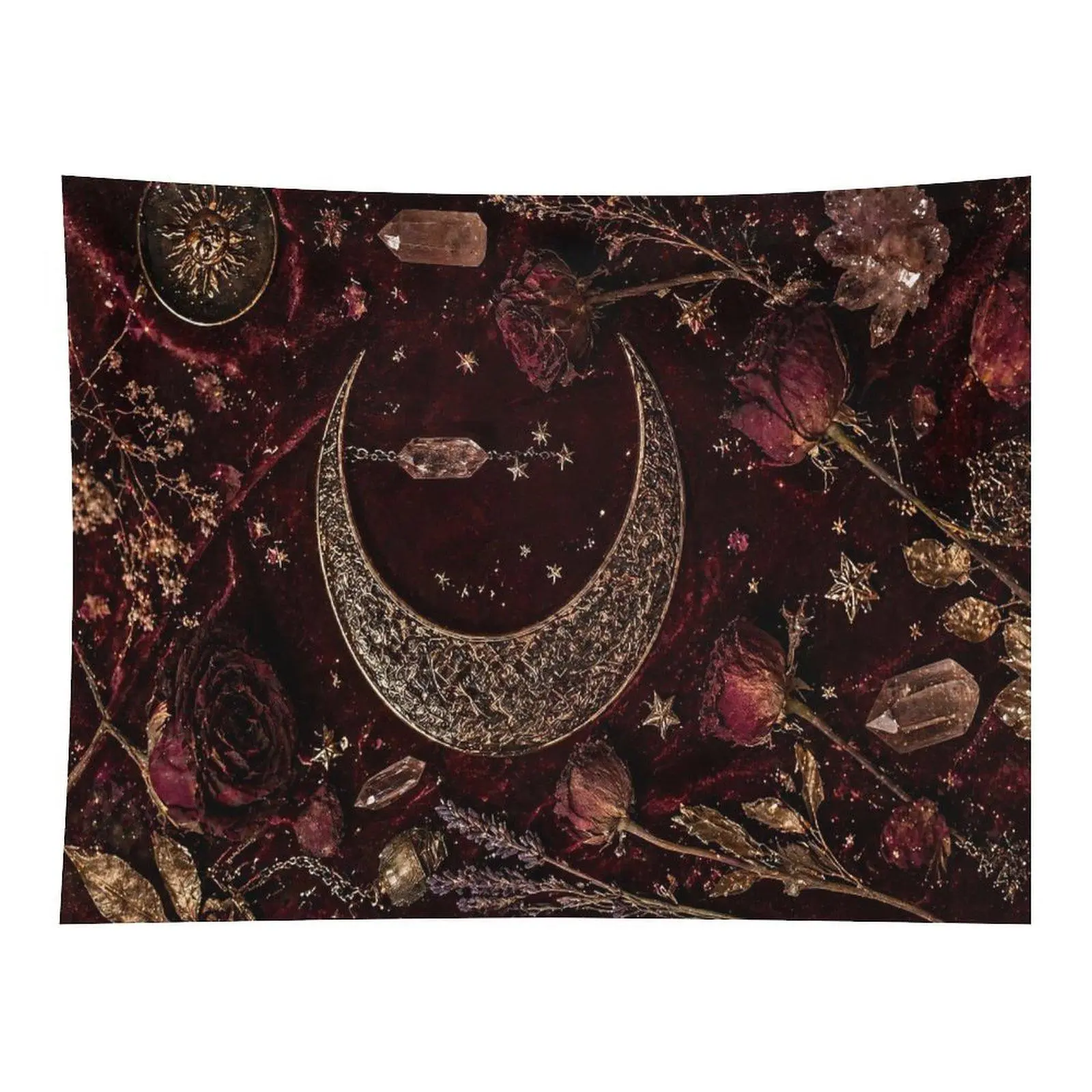 Dark Burgundy Velvet Wall Tapestry with Golden Crescent Moon, Dried Roses & Crystals - Witchy Wall Hanging to Light Up Your Space, Dark Academia Celestial Gothic Floral Altar Decor for Meditation Bedroom Backdrop