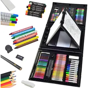 SUNNYGLADE 185 Pieces Double Sided Trifold Easel Art Set with Oil Pastels, Crayons, Colored Pencils, Markers, Paint Brush, Watercolor Cakes, Sketch Pad for Kids
