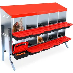 Chicken Nesting Box with 10 Compartments,Galvanized Steel Roll-Away Egg Laying Boxes with Lid Cover, Legs, and Easy-Clean Design, Red