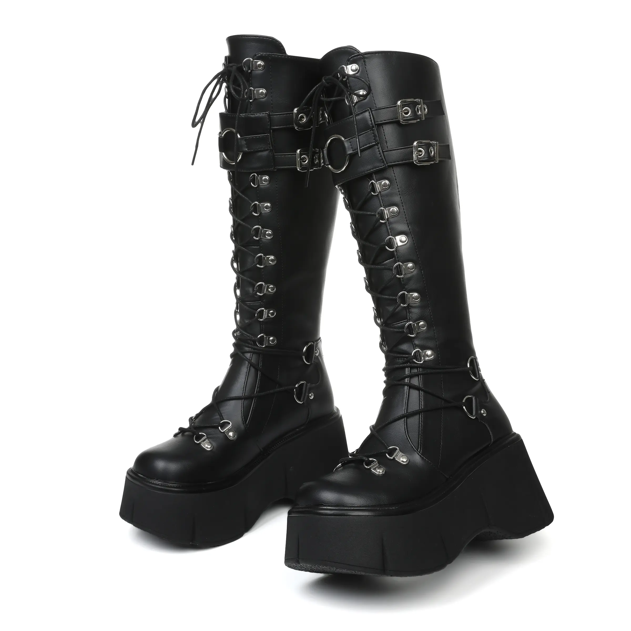 Buckle Combat Boots Platform High Heel Ankle Boot Womens Patent Combat Boots Chenyee Gothic Ankle Boots Women Lace  Up Buckle Straps High