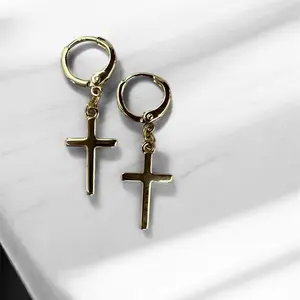 Earrings with flat hanging cross, plated in high quality 14k gold.