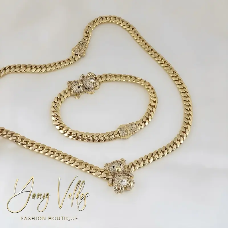CZ Bear Cuban Chain Jewelry Set, Gold Plated Necklace and Bracelet for Women