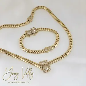 CZ Bear Cuban Chain Jewelry Set, Gold Plated Necklace and Bracelet for Women