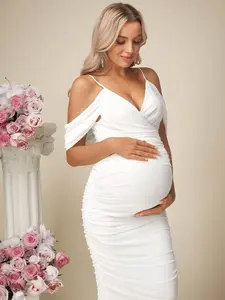 BELLAdresses Maternity Solid Color Open Shoulder Ruched Figure-Flattering Elegant Dress Wedding Dress  Maternity Dress Baby Shower Maternity Wedding Guest Dress Elegant