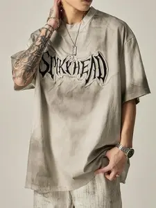 Couples casual retro street style short sleeve, gothic heat transfer letter print + raw edge cut + washed for vintage effect, soft and flowy fabric + raw edge cuffs + hem + three-dimensional heat transfer letters, perfect for everyday wear / weekend parti