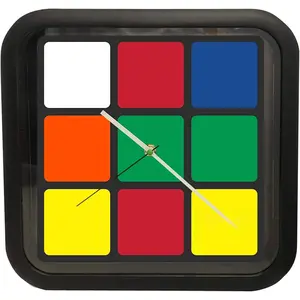 Analog Wall Clock (Fun to Be Square, M1) for 's Bedroom,  & Office; Geometric Clock  & Black  Frame, Quartz Movement,   No Included, 11" Square, Green/Red