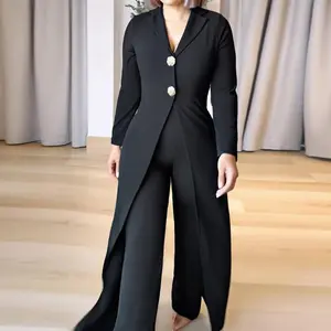 ChicMe Women's 2026 Notched Collar Long Sleeve Button Front Jumpsuit Valentine's Day Casual Cinched Waist Wide Leg Faux Two-Piece Jumpsuit for Wedding Guest & Wedding