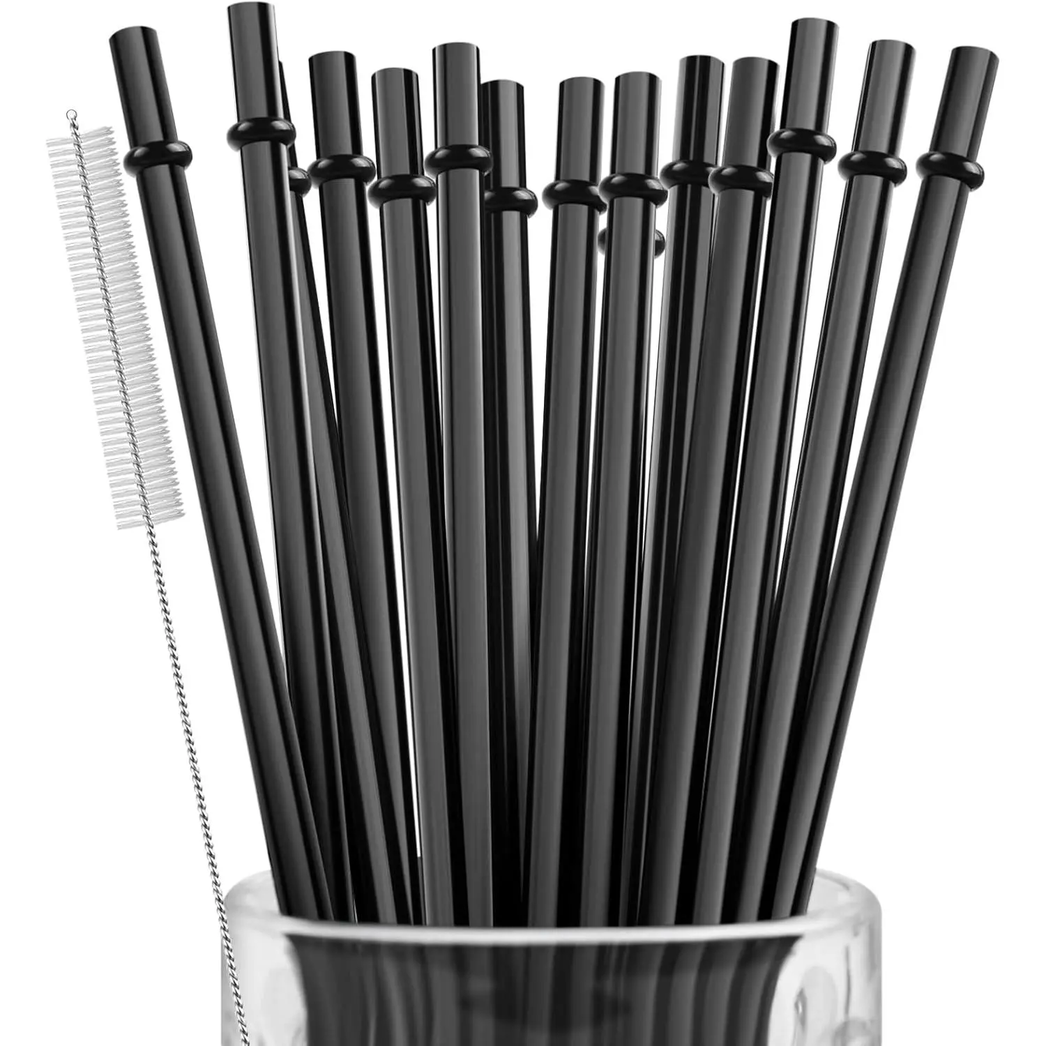 15-Count 11-Inch Durable Synthetic Black Plastic Drinking Straws Set with Cleaning Tool, Sanitising Tool, Fits 24oz-40oz Mason Jars & Tumblers, Extra Long Unbreakable Kitchenware Bar Utensils