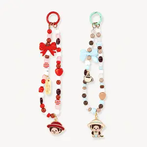MINISO Monchhichi Coffee Farm Collection Beaded Phone Lanyard | Cute Cartoon Anti-Lost Phone Strap,Fashion Portable Anti-lost Phone Chain Accessories