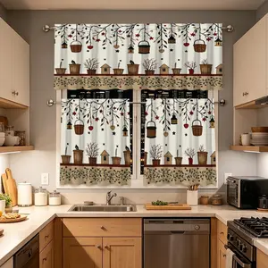 3pcs Vintage  Pastoral Style Leaf Basket pattern Curtains Window Curtain, Kitchen Living Room Decor Valance Set, Cafe Restaurant Curtain, Ideal Choice for Home Enthusiasts
