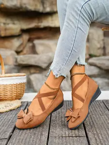 Women's Bow Decorated Low Wedge Flat Shoes, Cross Strap Ankle Wrap Pointed Toe, Comfortable Casual Shoes, Elegant Versatile Design