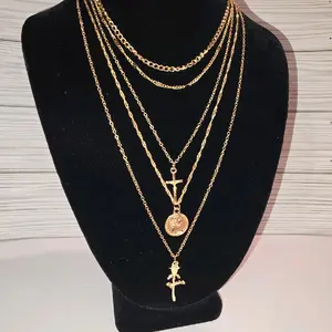 Multi Layer Gold Colored Chain Necklace with Charm Pendants for Women