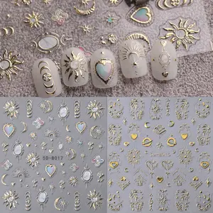 2 Pcs Star Moon Nail Art Decals, Sun Moon Stars Design, Self-Adhesive Manicure Stickers, 5D Embossed, Cute & Precise, DIY Gift