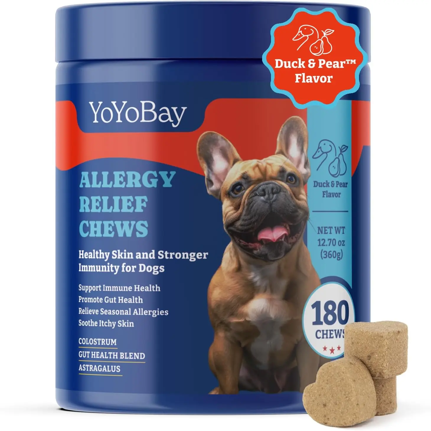 Dog Allergy Relief Chews – 180 Soft Treat Chews, Duck & Pear Flavor - Immune Support & Itch Relief with Colostrum, Astragalus Root, 6-Strain Gut Health Blend