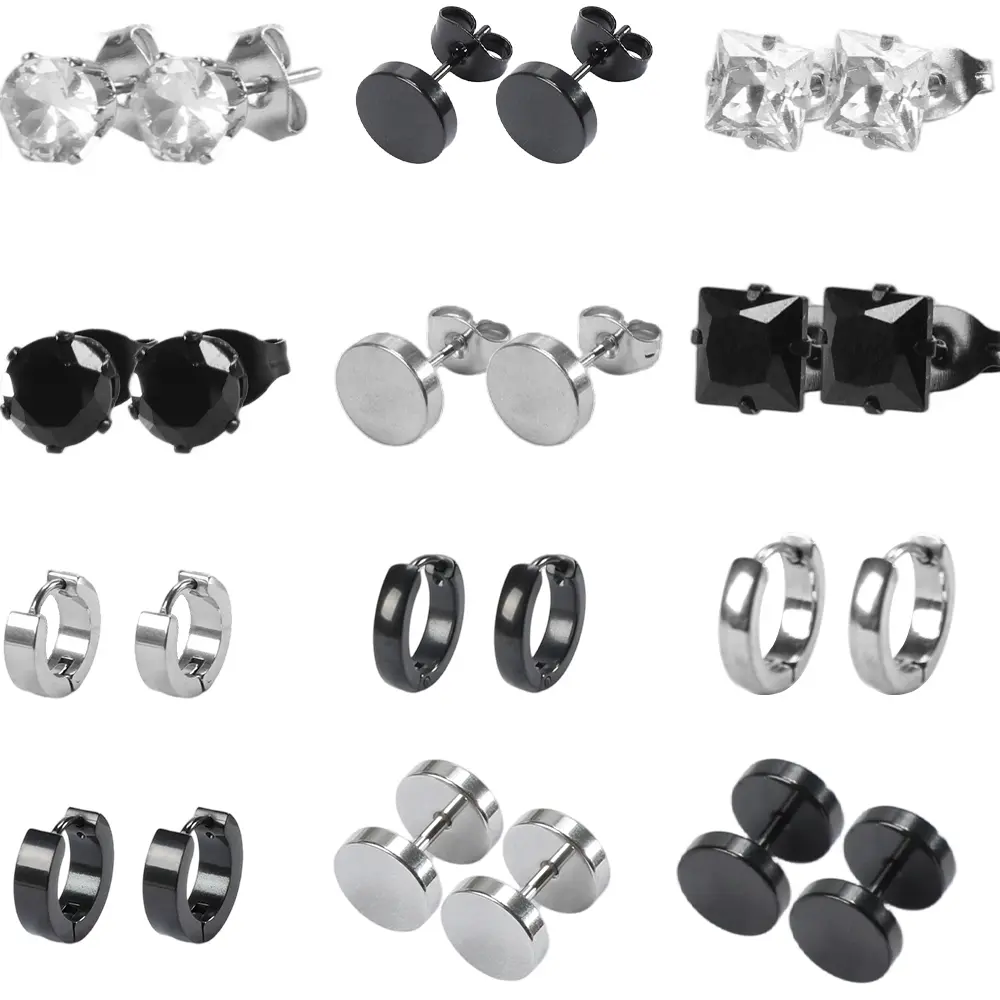 12-Pair Basic Stainless Steel Polished Black Stud Earrings Set - Men's Hoop Earrings Included, Casual Jewelry Gift with Box for Birthday Gifting (Suitable for Men, Women)