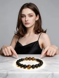 8mm Matte Black Onyx Tiger's Eye Crystal Bracelet, Adjustable Elastic Feng Shui Bracelet for Men Women, Dainty Wealth Protection Grounding Beaded Jewelry Gift