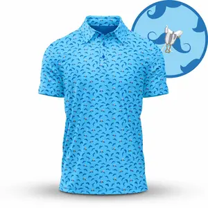 Bogey Bros Men's Blue Golf Polo Funny Mustache Performance Casual Athletic Shirt