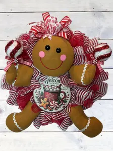 Gingerbread Welcome Wreath | Red & White Christmas Decor | Handmade Holiday Mesh Wreath