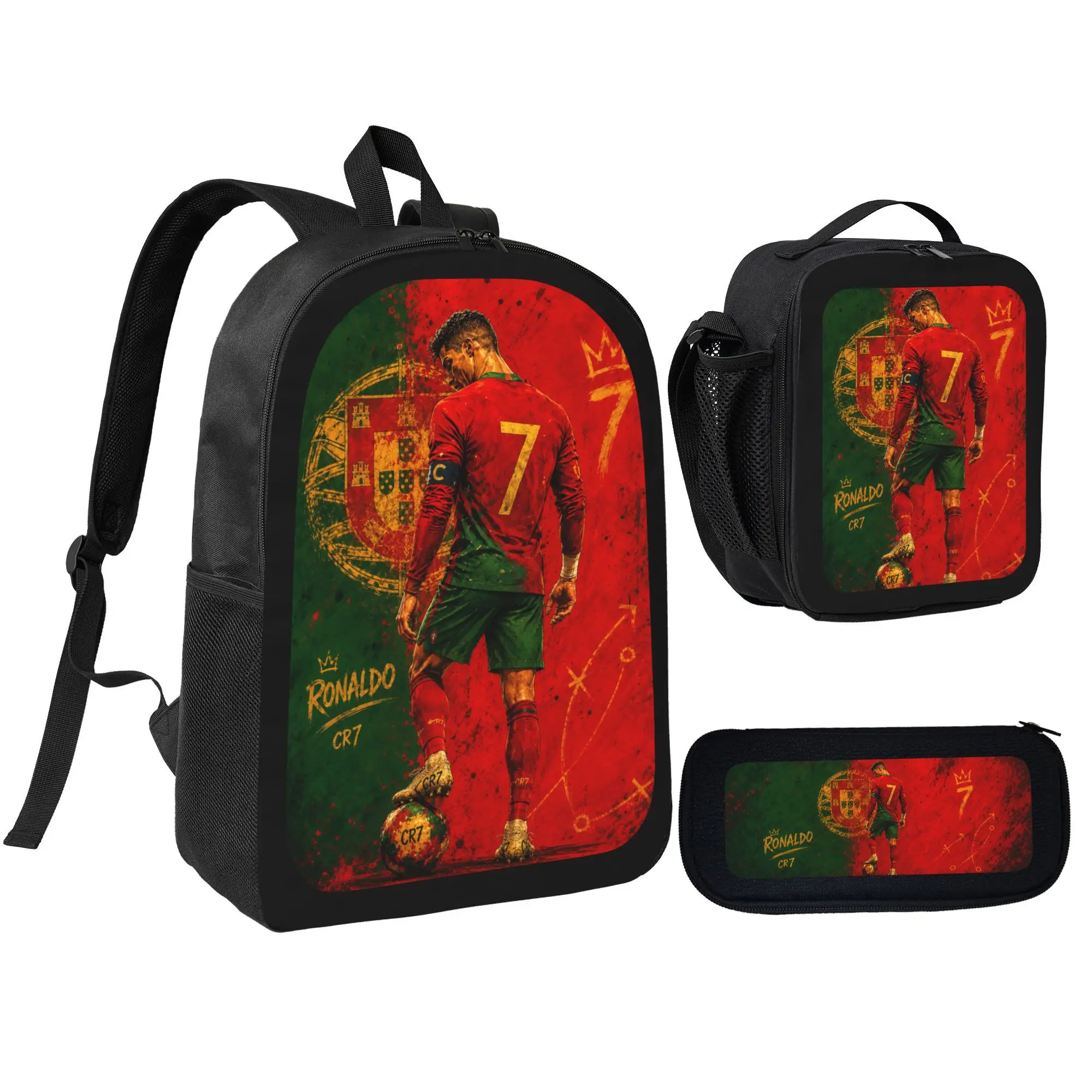 Football Star Print Oxford Cloth Retro 17-Inch 3-Piece Casual Back Pack Set for Fans & School Use, Includes Single-Layer Backpack, Small Shoulder Bag, Pencil Bag, Retro Look