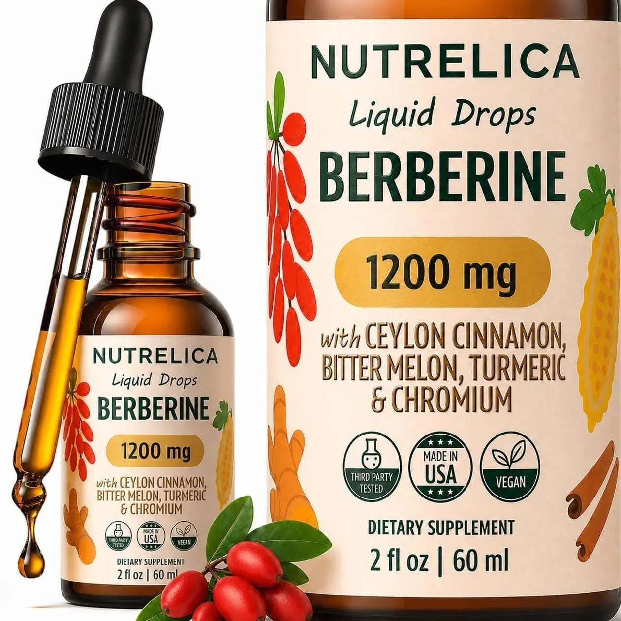 Berberine Complex with Ceylon Cinnamon, Bitter Melon, Turmeric & Chromium -1200mg - Liquid Herbal Supplement - Vegan, No Sugar, Non-GMO