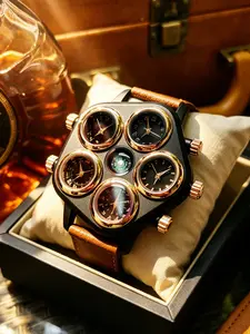 Vintage Cool Men's Watch, Unique Large Case, Five Dials, Multiple Time Zones, Compass, Waterproof, Streetwear, Retro, Business Style, Gift Box